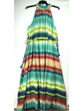 Sleeveless Halter Maxi Dress in Turquoise, Navy & Coral